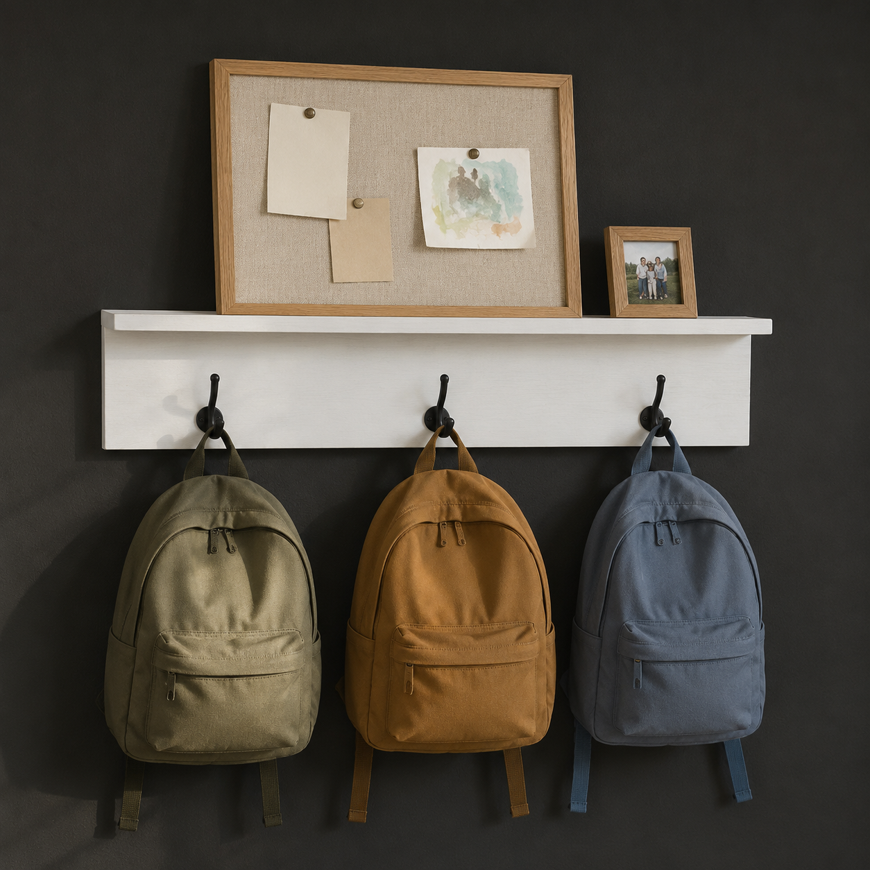 Backpack rack with a wider backboard and display ledge